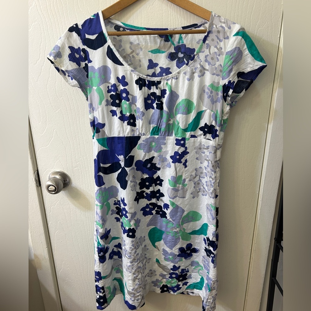 Boden Floral Print Cotton Dress, White/Green/Blue, Women’s Size 6R